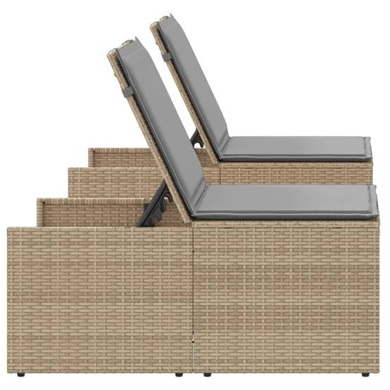 Chaises longue | Transat | Bain de soleils 2 pièces avec table en résine tressée beige - Image 7