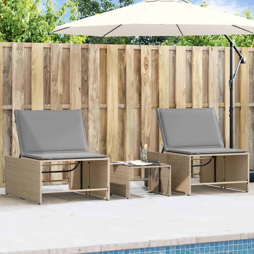 Chaises longue | Transat | Bain de soleils 2 pièces avec table en résine tressée beige - Image 2