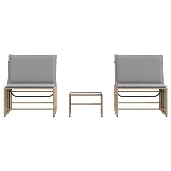 Chaises longue | Transat | Bain de soleils 2 pièces avec table en résine tressée beige - Image 6