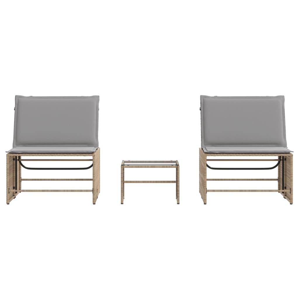 Chaises longue | Transat | Bain de soleils 2 pièces avec table en résine tressée beige - Image 6