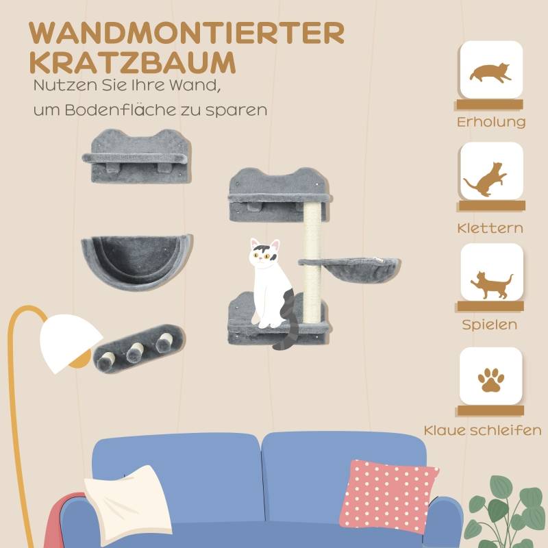 Arbre à chat mural 4 pièces intérieur 40 x 28 x 73 cm panneau de particules et sisal gris - PANGIVO - Image 4