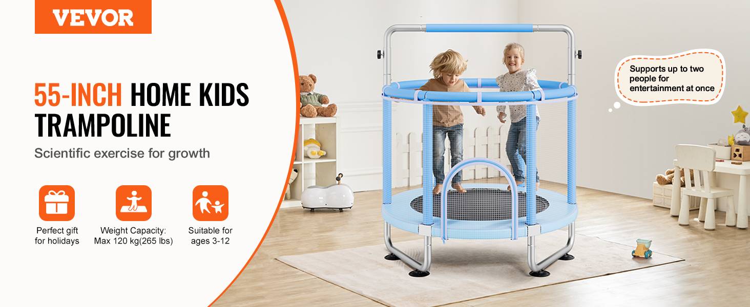Vevor - VEVOR Mini trampoline enfant 147 cm, filet 360°, poignée réglable, capacité 120 kg, accessoires inclus, bleu. - Image 9