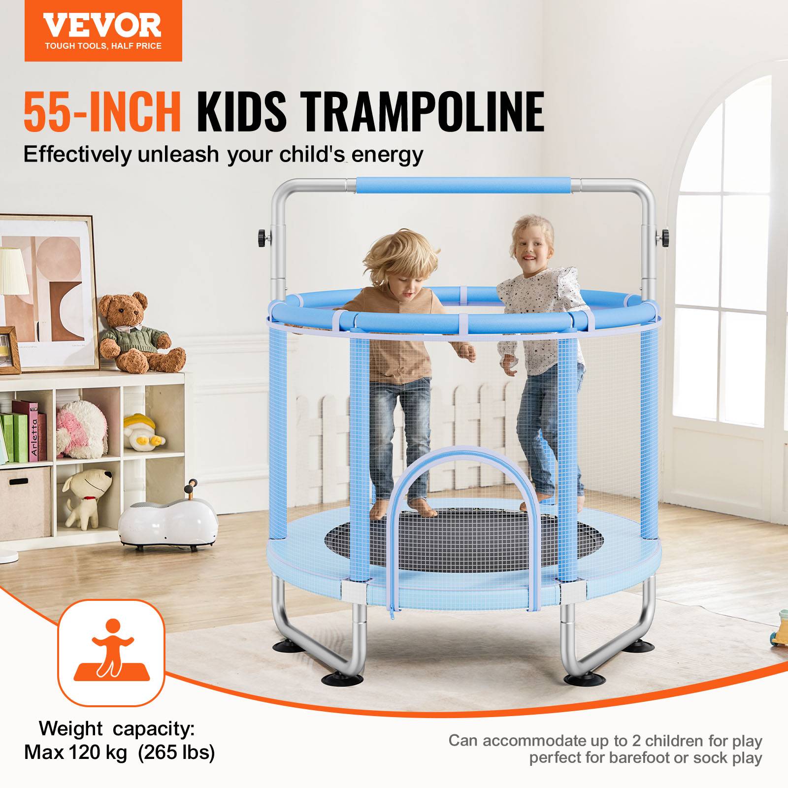 Vevor - VEVOR Mini trampoline enfant 147 cm, filet 360°, poignée réglable, capacité 120 kg, accessoires inclus, bleu. - Image 2
