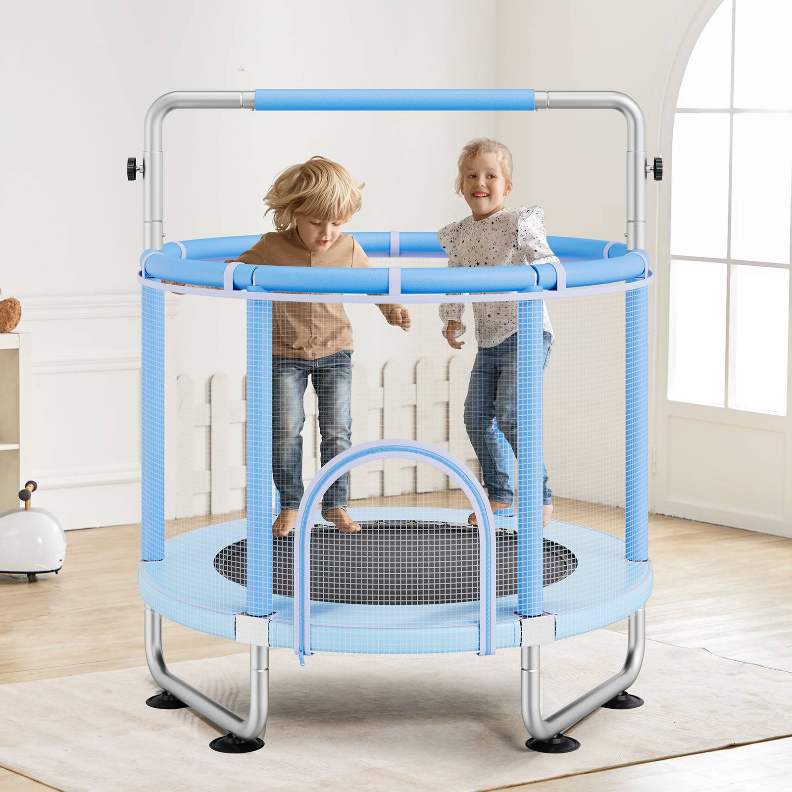 Vevor - VEVOR Mini trampoline enfant 147 cm, filet 360°, poignée réglable, capacité 120 kg, accessoires inclus, bleu. - Image 8