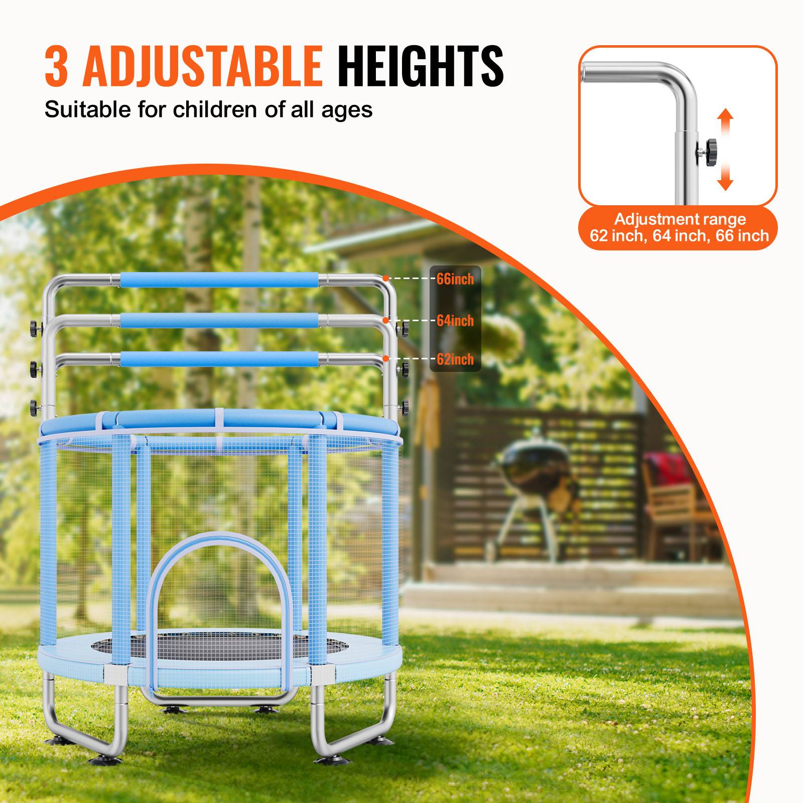 Vevor - VEVOR Mini trampoline enfant 147 cm, filet 360°, poignée réglable, capacité 120 kg, accessoires inclus, bleu. - Image 3