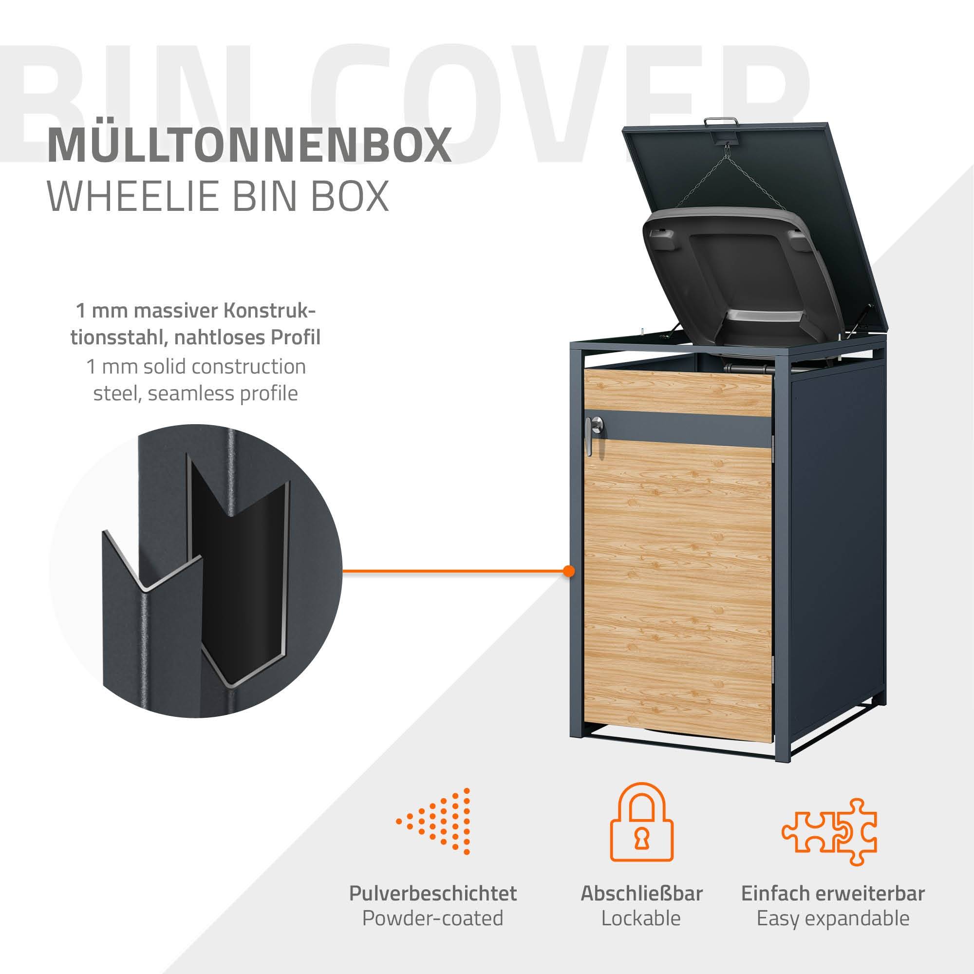 Abri pour 1 poubelle 68x80x116,3 cm capacité de 60L à 240L anthracite/aspect mélèze acier avec couvercle rabattable/porte résistant aux intempéries - Image 1