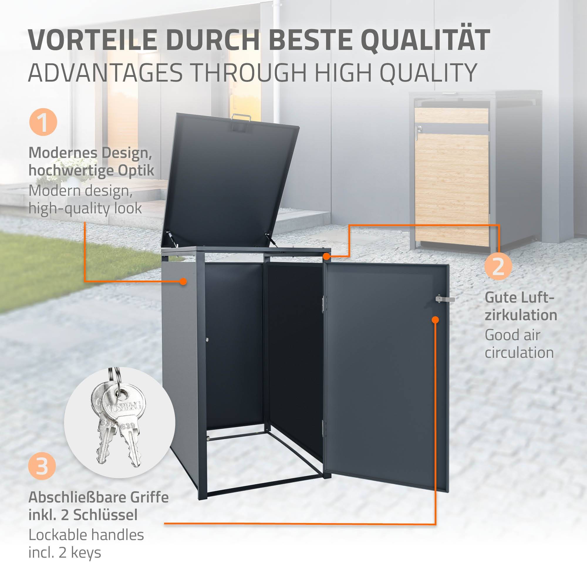 Abri pour 1 poubelle 68x80x116,3 cm capacité de 60L à 240L anthracite/aspect mélèze acier avec couvercle rabattable/porte résistant aux intempéries - Image 2