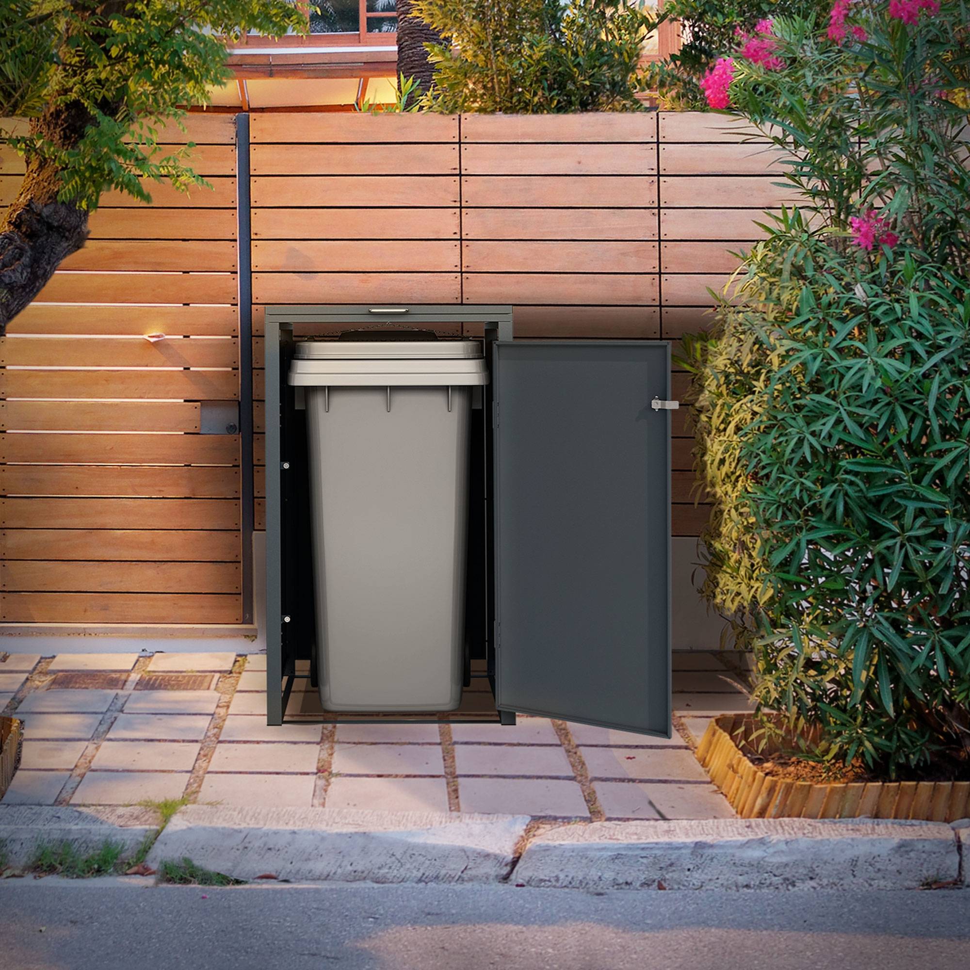 Abri pour 1 poubelle 68x80x116,3 cm capacité de 60L à 240L anthracite/aspect mélèze acier avec couvercle rabattable/porte résistant aux intempéries - Image 6