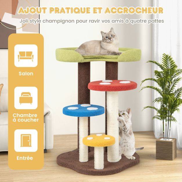 Helloshop26 - Arbre à chat 3 en 1 tour à chat 5 niveaux 3 poteaux entièrement enveloppés de sisal tapis et plates-formes amovibles motifs champignons coloré - Image 4