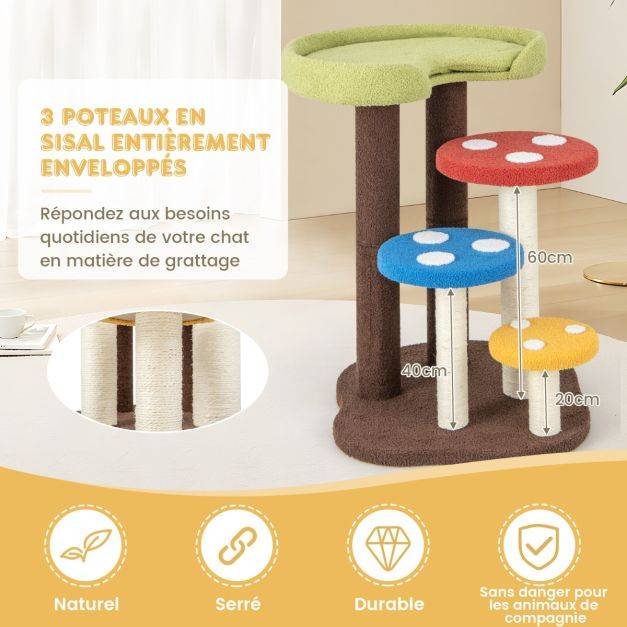 Helloshop26 - Arbre à chat 3 en 1 tour à chat 5 niveaux 3 poteaux entièrement enveloppés de sisal tapis et plates-formes amovibles motifs champignons coloré - Image 5