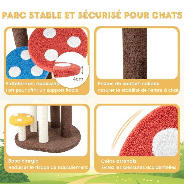Helloshop26 - Arbre à chat 3 en 1 tour à chat 5 niveaux 3 poteaux entièrement enveloppés de sisal tapis et plates-formes amovibles motifs champignons coloré - Image 3
