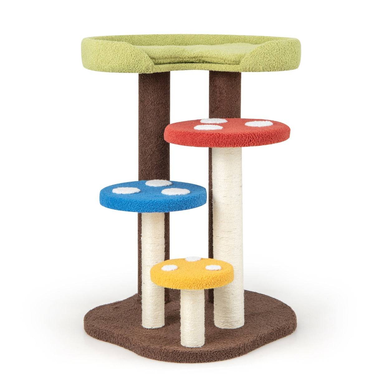 Helloshop26 - Arbre à chat 3 en 1 tour à chat 5 niveaux 3 poteaux entièrement enveloppés de sisal tapis et plates-formes amovibles motifs champignons coloré - Image 1