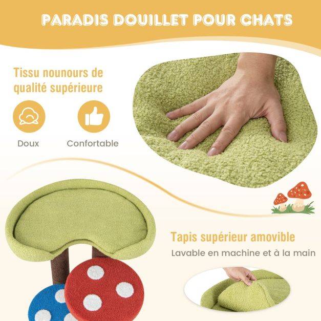Helloshop26 - Arbre à chat 3 en 1 tour à chat 5 niveaux 3 poteaux entièrement enveloppés de sisal tapis et plates-formes amovibles motifs champignons coloré - Image 2