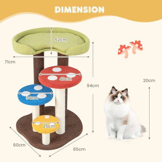 Helloshop26 - Arbre à chat 3 en 1 tour à chat 5 niveaux 3 poteaux entièrement enveloppés de sisal tapis et plates-formes amovibles motifs champignons coloré - Image 6