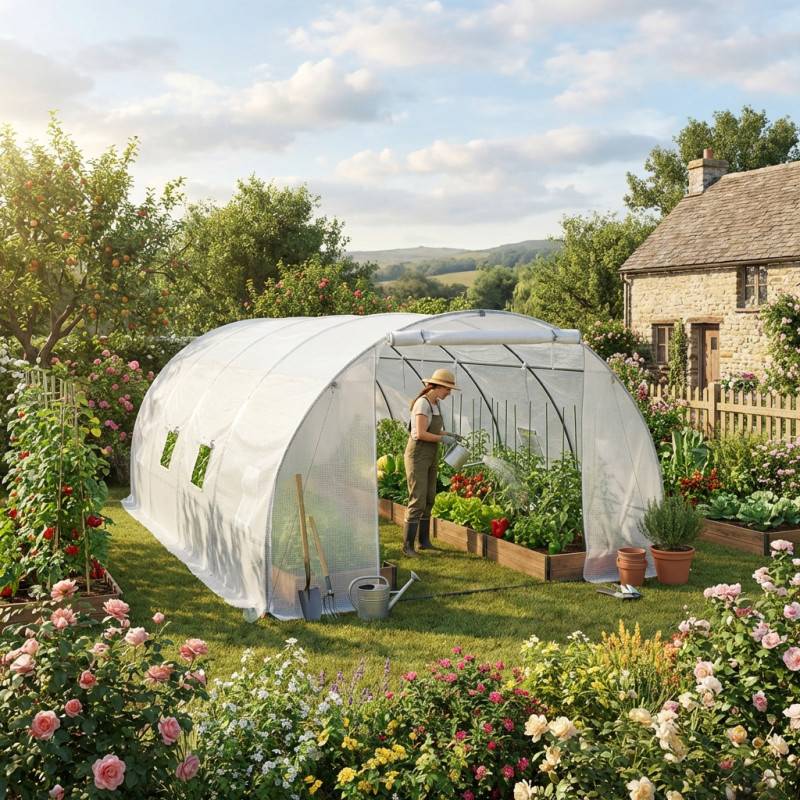 Serre tunnel 18m² polyéthylène armé 3x6m Green Protect blanche avec 8 lucarnes et porte zippée