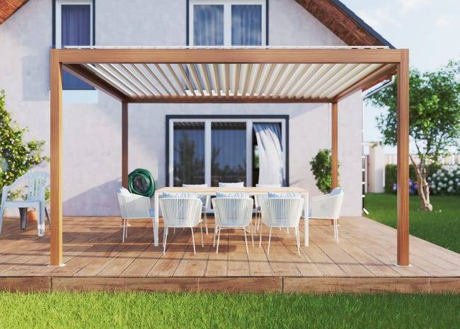 Pergola Bioclimatique Aluminium Autoportante Aspect Bois 4x3,5 Manuelle S ORIAL France - Image 1