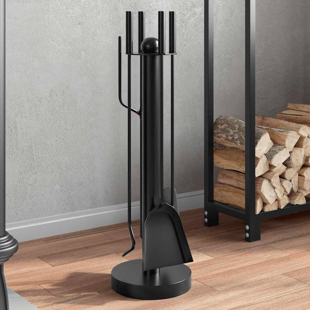 Set d'Outils pour Cheminée Acier 5 Pièces sur Support Rond 56 cm Noir - ComfortXL Outdoor Living