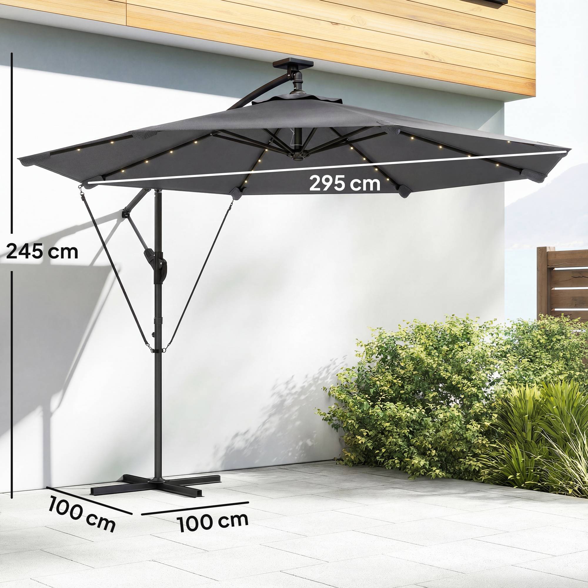 Parasol Déporté Parasol de Jardin LED Solaire LED Manivelle - 330x295x245cm Métal Gris foncé fr326 - Image 5