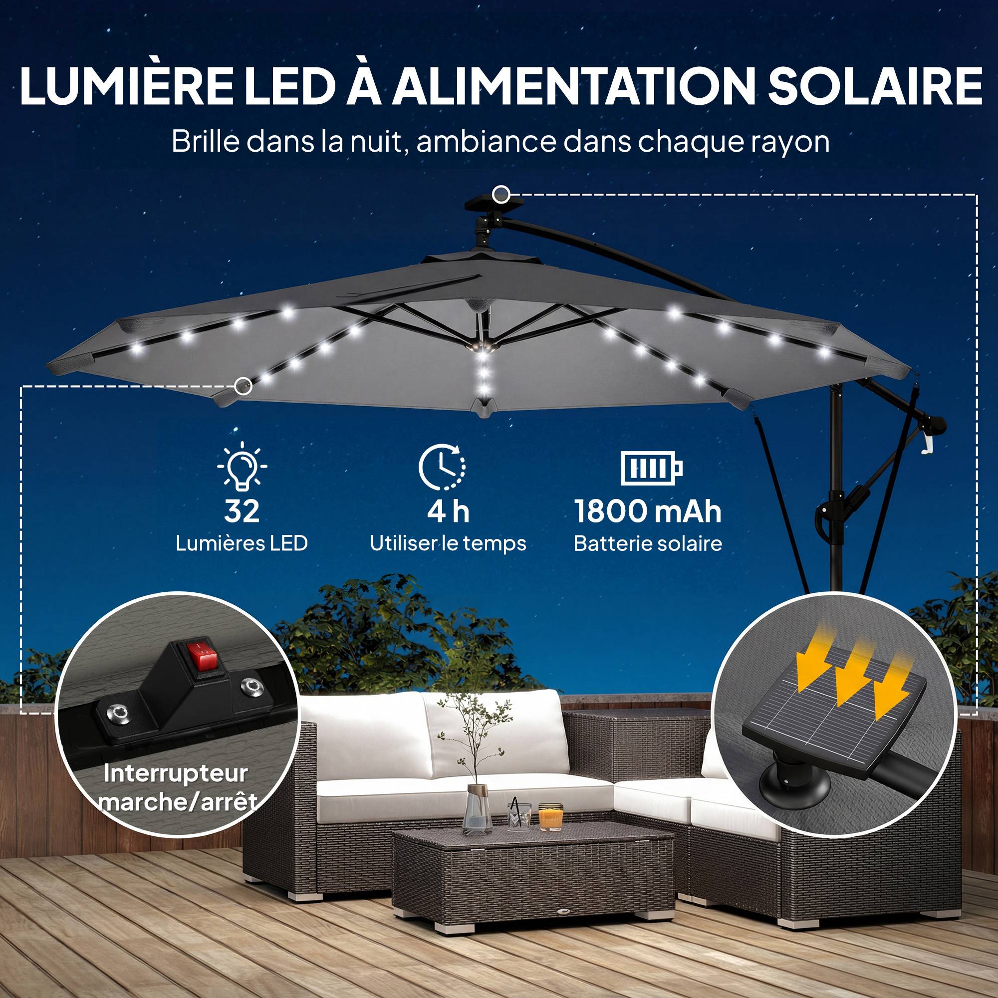 Parasol Déporté Parasol de Jardin LED Solaire LED Manivelle - 330x295x245cm Métal Gris foncé fr326 - Image 6
