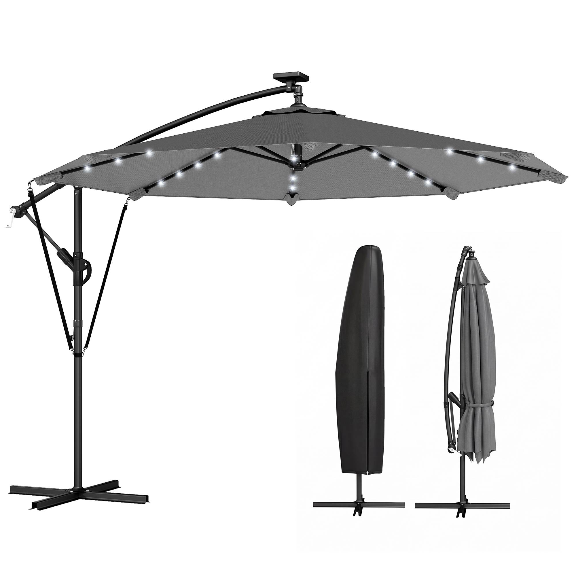 Parasol Déporté Parasol de Jardin LED Solaire LED Manivelle - 330x295x245cm Métal Gris foncé fr326 - Image 2