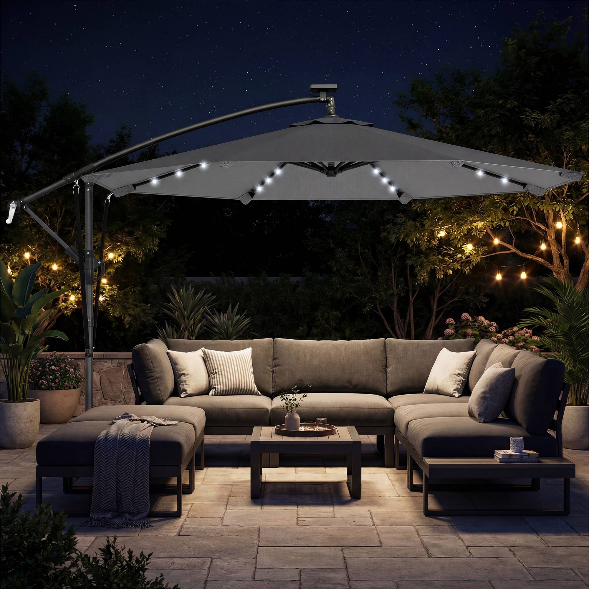 Parasol Déporté Parasol de Jardin LED Solaire LED Manivelle - 330x295x245cm Métal Gris foncé fr326 - Image 3
