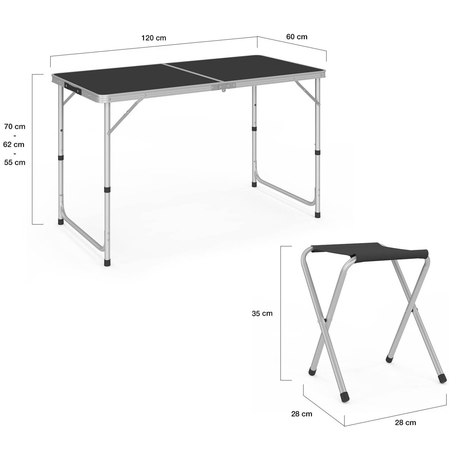 Table de camping pliante d'appoint 120 cm réglable en hauteur et 4 tabourets noirs - Image 3