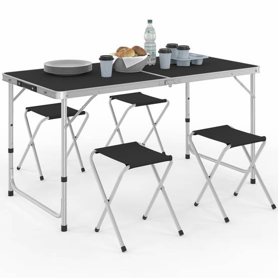 Table de camping pliante d'appoint 120 cm réglable en hauteur et 4 tabourets noirs - Image 2