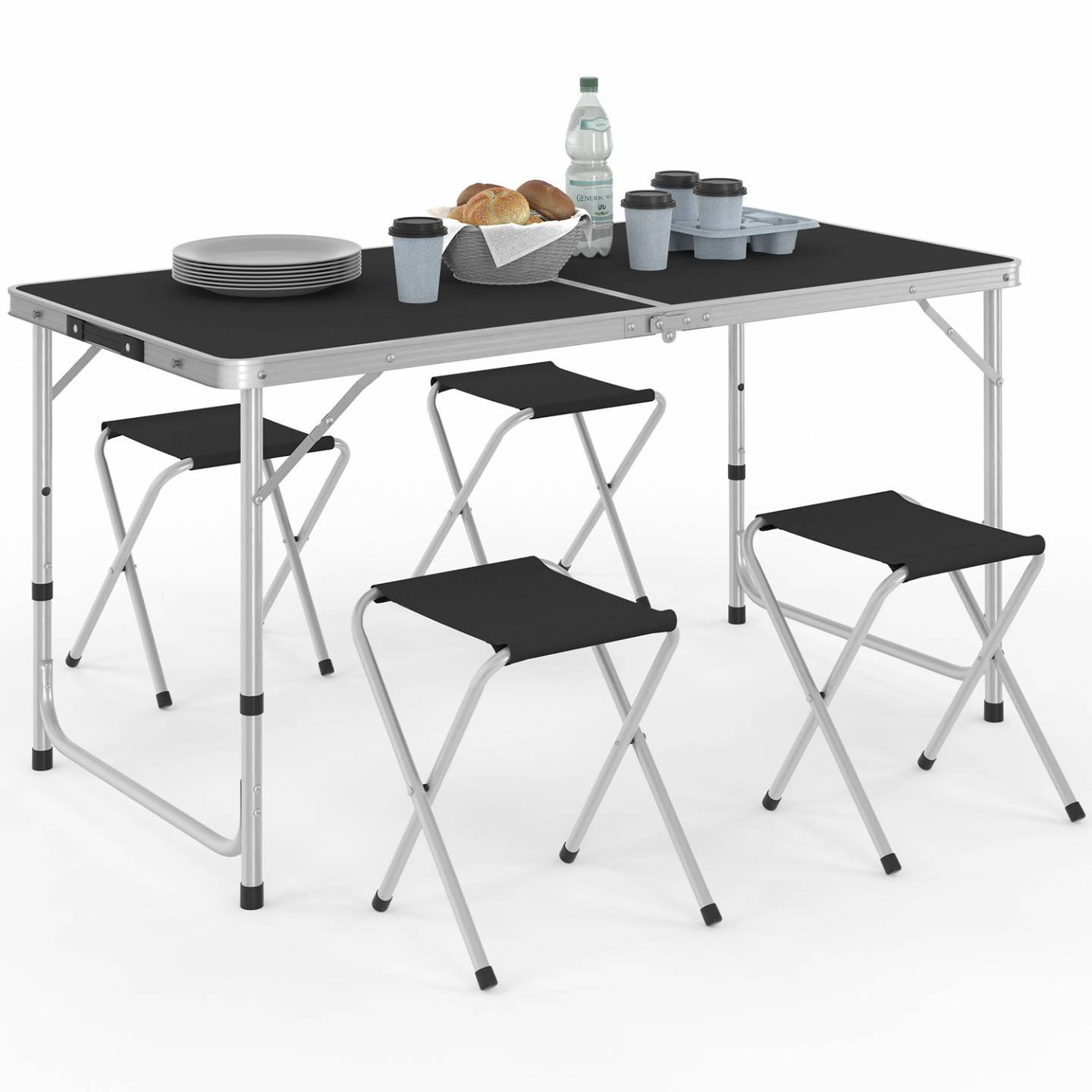 Table de camping pliante d'appoint 120 cm réglable en hauteur et 4 tabourets noirs - Image 2