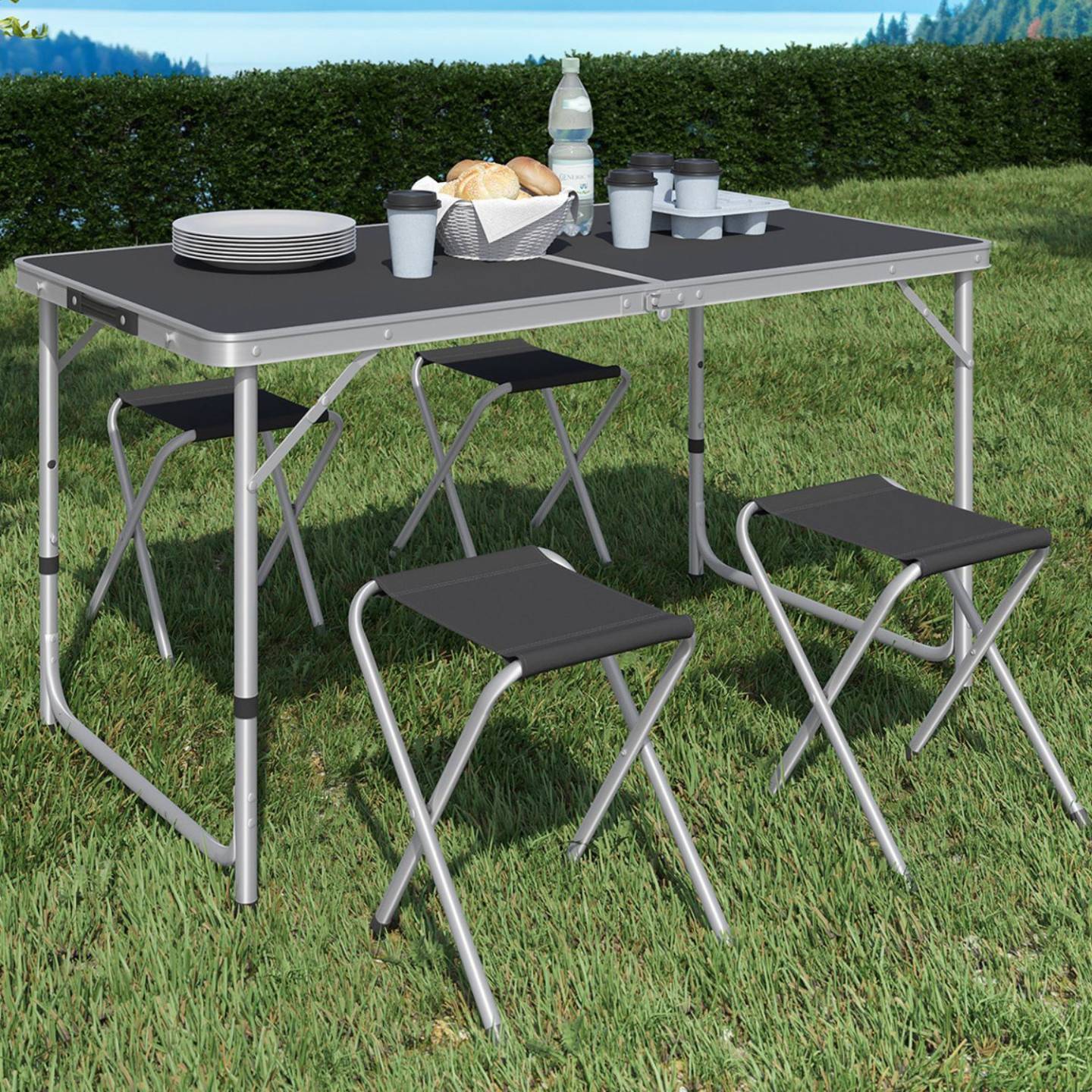 Table de camping pliante d'appoint 120 cm réglable en hauteur et 4 tabourets noirs - Image 1