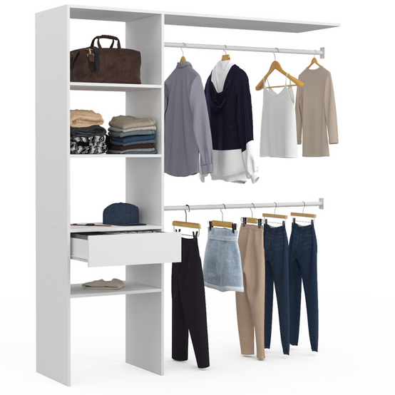 Kit dressing MELINE 160 x 40 x 180 cm blanc avec étagères + tiroir + double penderie - Image 2