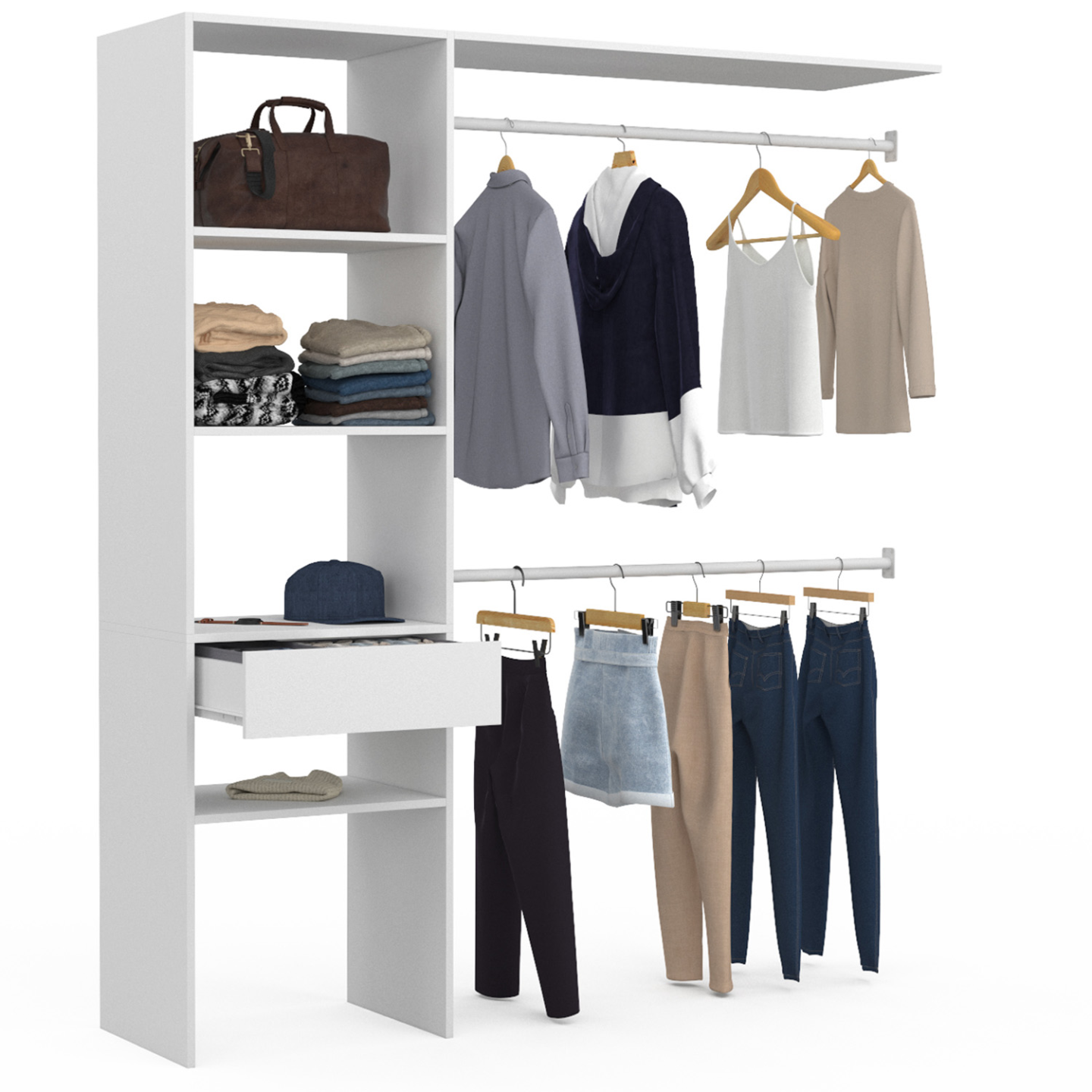Kit dressing MELINE 160 x 40 x 180 cm blanc avec étagères + tiroir + double penderie - Image 2