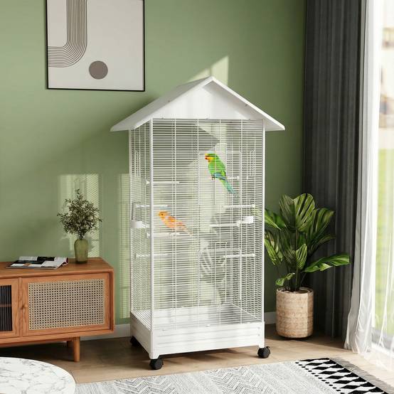 Grande Volière Acier sur Roulettes pour Canaris et Pinsons 79x65x155 cm Blanche - ComfortXL Outdoor Living - Image 3