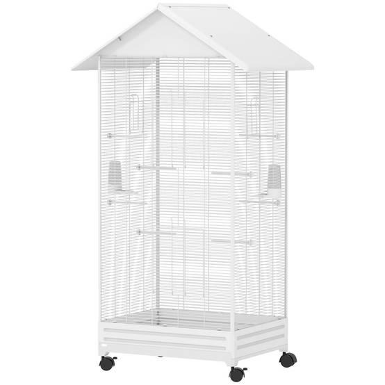 Grande Volière Acier sur Roulettes pour Canaris et Pinsons 79x65x155 cm Blanche - ComfortXL Outdoor Living - Image 2