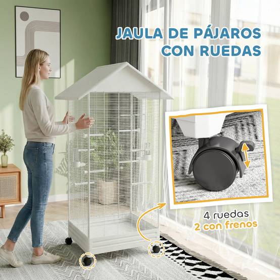 Grande Volière Acier sur Roulettes pour Canaris et Pinsons 79x65x155 cm Blanche - ComfortXL Outdoor Living - Image 9
