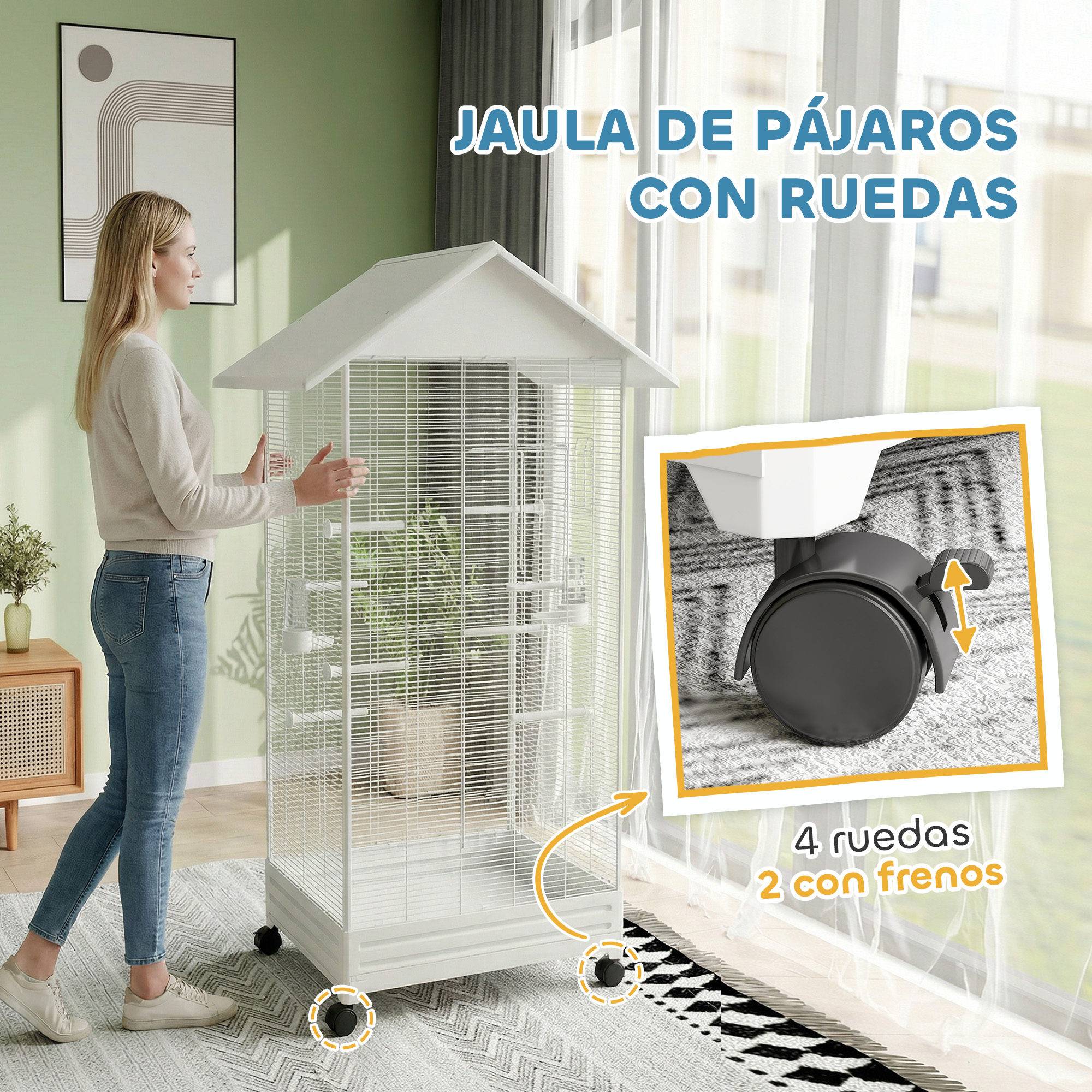 Grande Volière Acier sur Roulettes pour Canaris et Pinsons 79x65x155 cm Blanche - ComfortXL Outdoor Living - Image 9