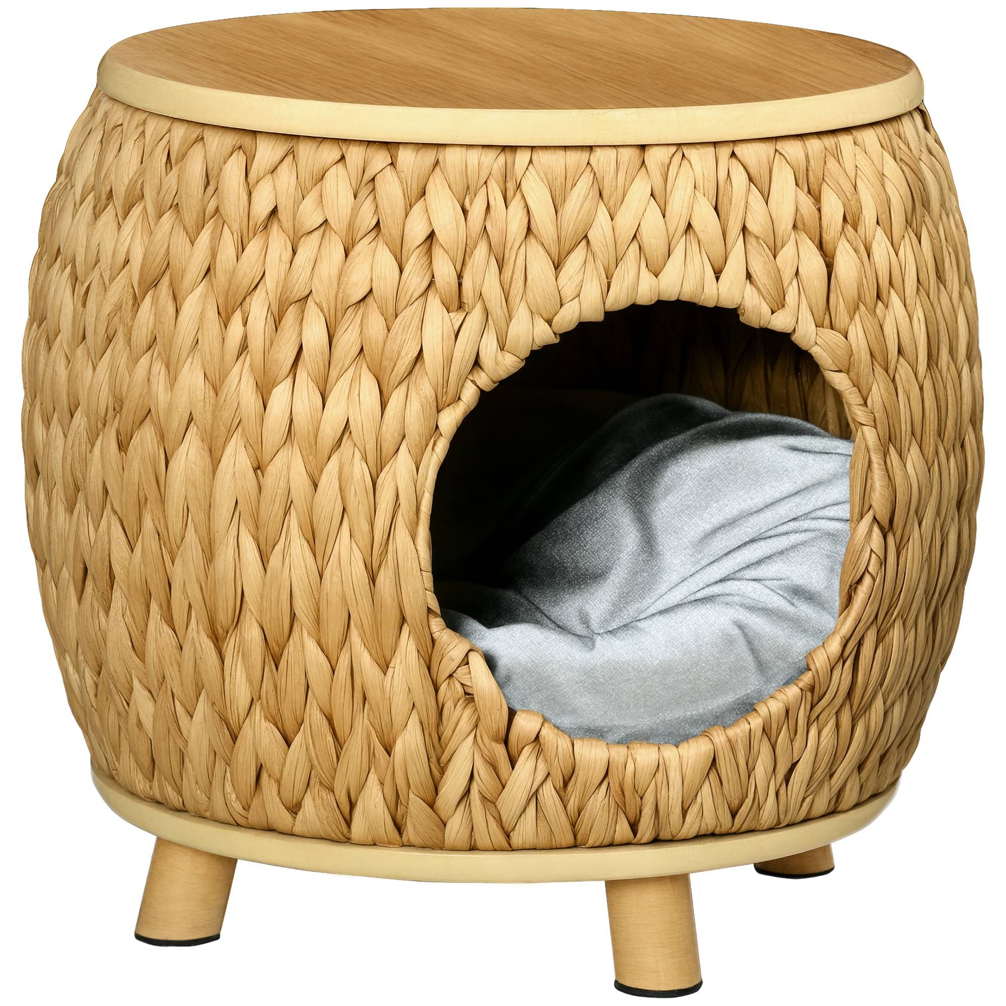 Sans Marque - Grotte pour chat en jacinthe d'eau, coussin lavable, 44 cm x 43 cm x 42 cm, marron clair + bois naturel + gris - Image 1