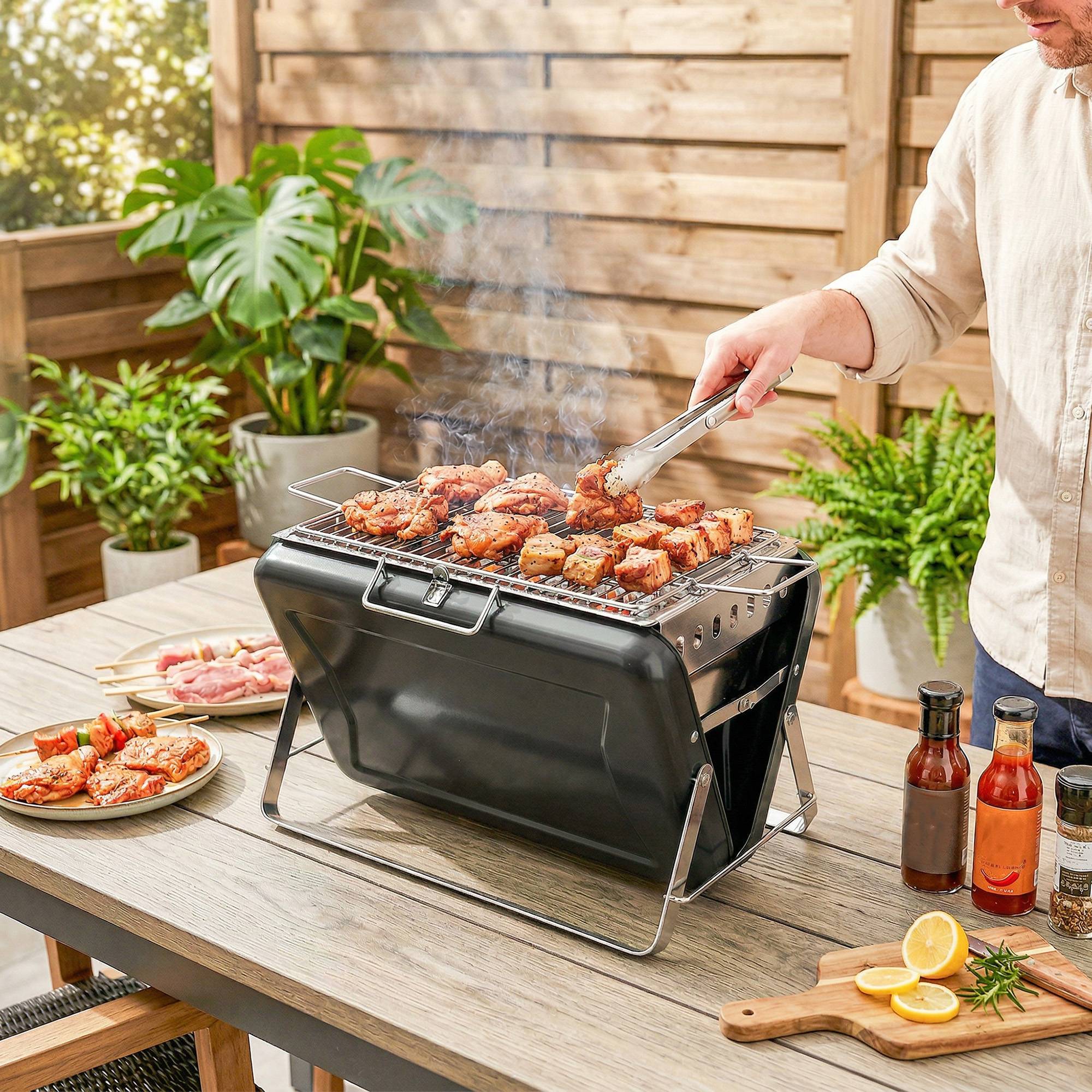 ComfortXL - Barbecue à charbon portable inox 40 x 28 x 25,5 cm noir camping pique-nique grille pliable transport facile - Image 9