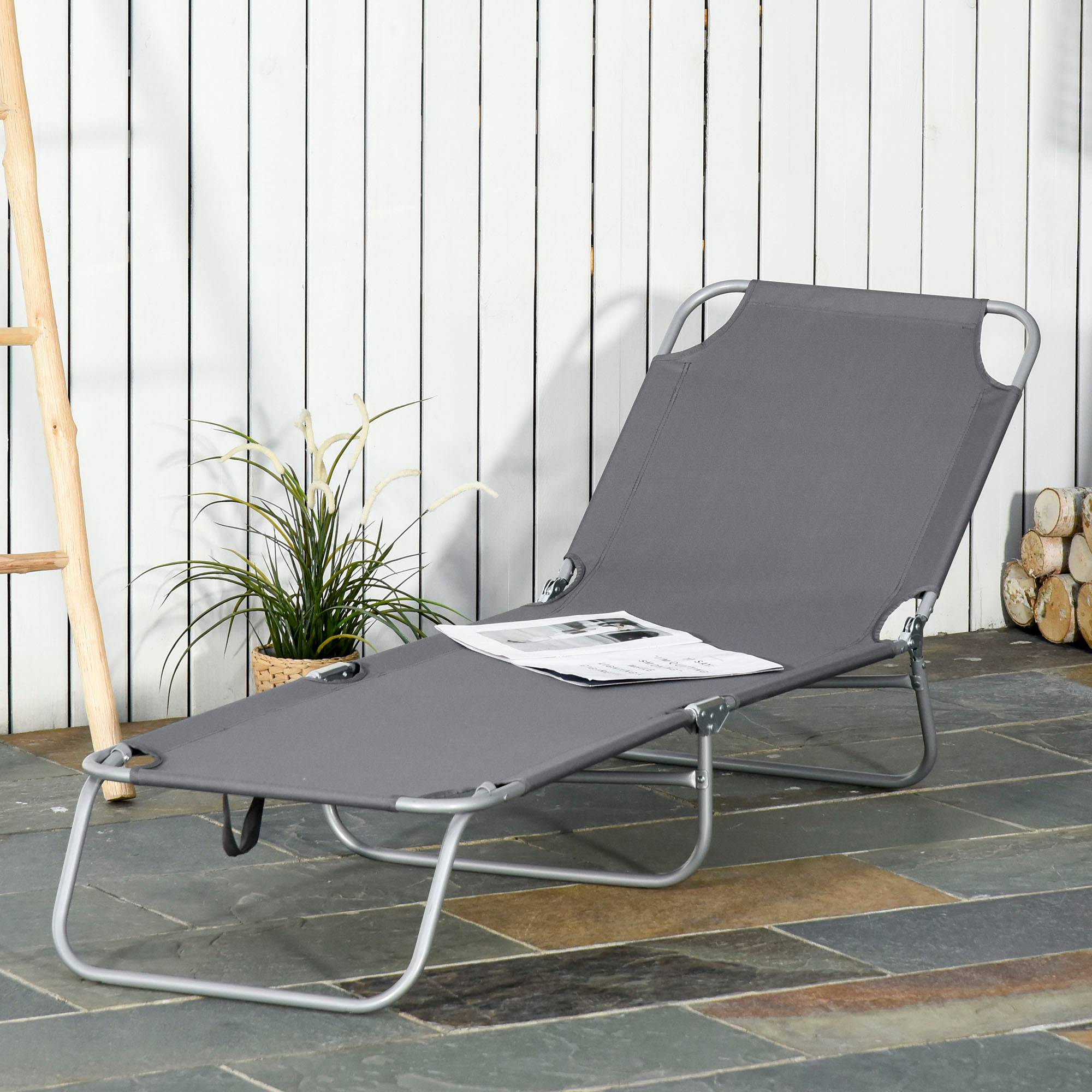 Lit de bronzage pliable dossier 5 niveaux, assise oxford respirant, plage/piscine/jardin,187x55x24cm, gris - Image 2