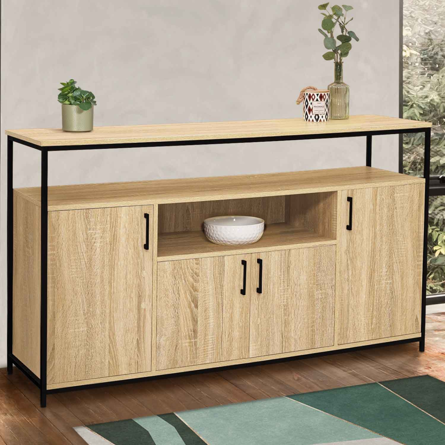 Buffet 140 cm DETROIT 4 portes avec niche design industriel - Image 1