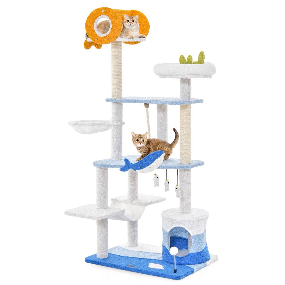 Arbre à chat sur le thème de l'océan centre d'activités multi-niveaux avec griffoirs recouverts de sisal pour chats d'intérieur 168 cm bleu - Image 1