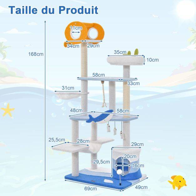 Arbre à chat sur le thème de l'océan centre d'activités multi-niveaux avec griffoirs recouverts de sisal pour chats d'intérieur 168 cm bleu - Image 4