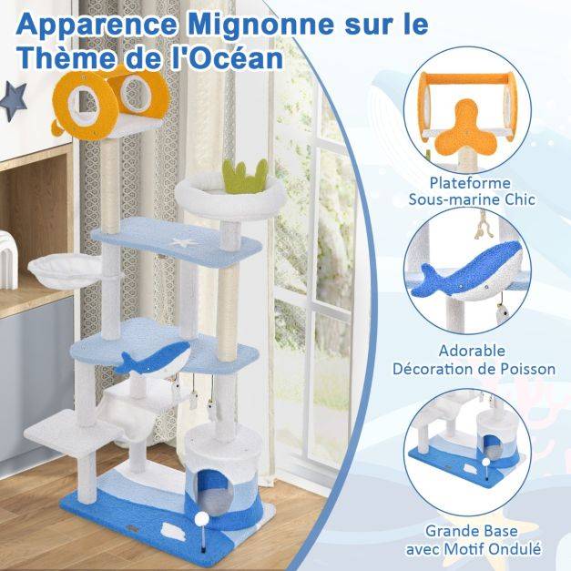 Arbre à chat sur le thème de l'océan centre d'activités multi-niveaux avec griffoirs recouverts de sisal pour chats d'intérieur 168 cm bleu - Image 2