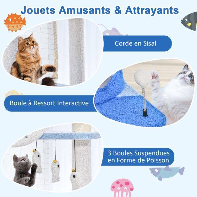 Arbre à chat sur le thème de l'océan centre d'activités multi-niveaux avec griffoirs recouverts de sisal pour chats d'intérieur 168 cm bleu - Image 3