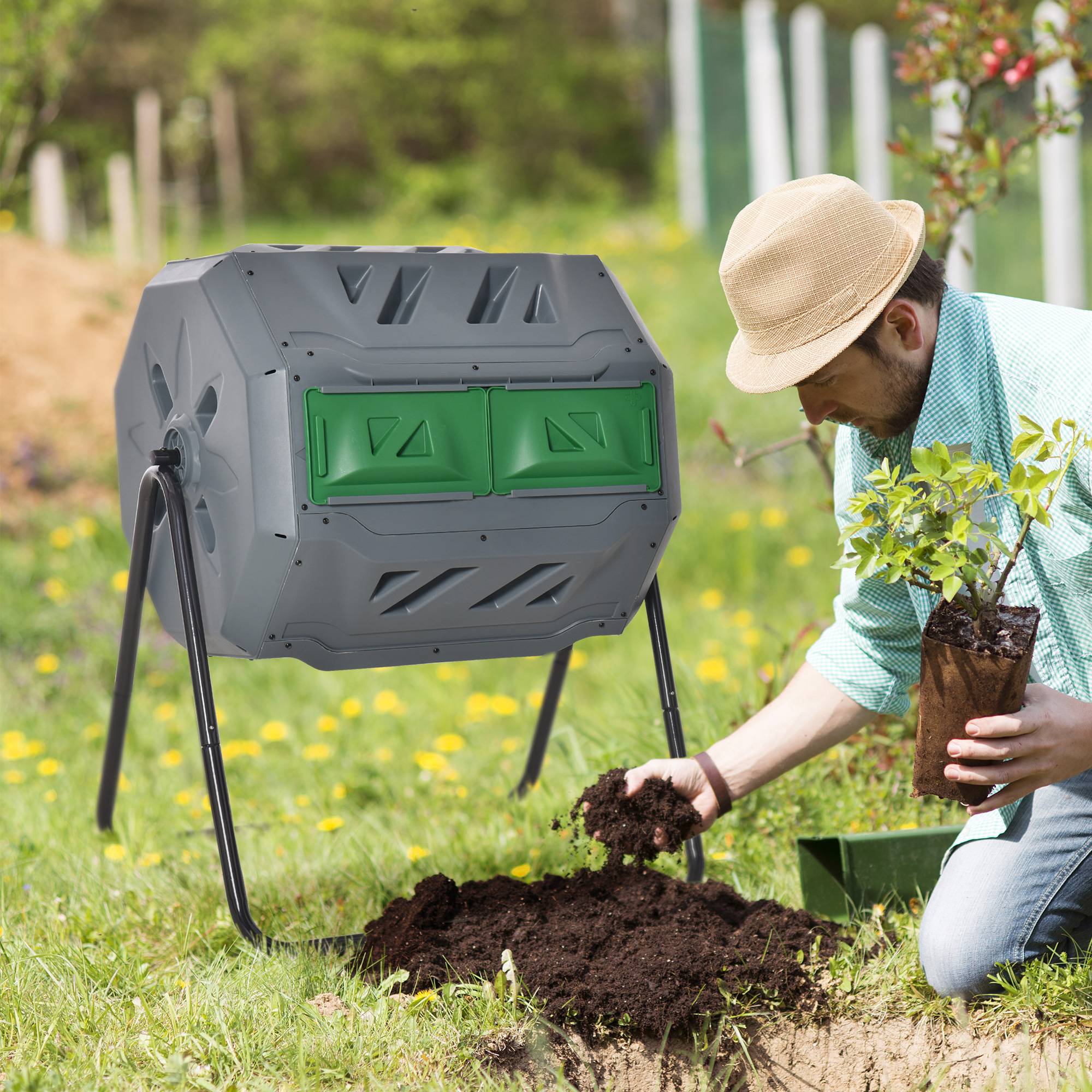 ComfortXL - Composteur rotatif 160L à 2 chambres en acier pour déchets de jardin Gris – ComfortXL Outdoor Living - Image 1