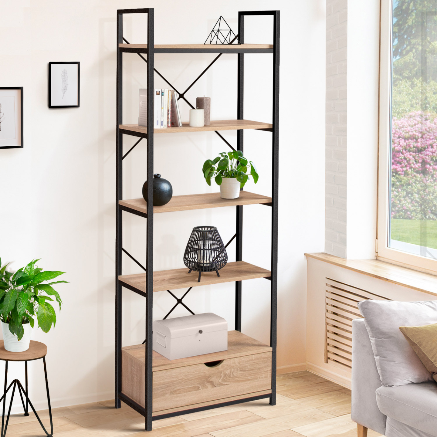 Etagère 5 niveaux avec tiroir DETROIT design industriel 170 cm - Image 1