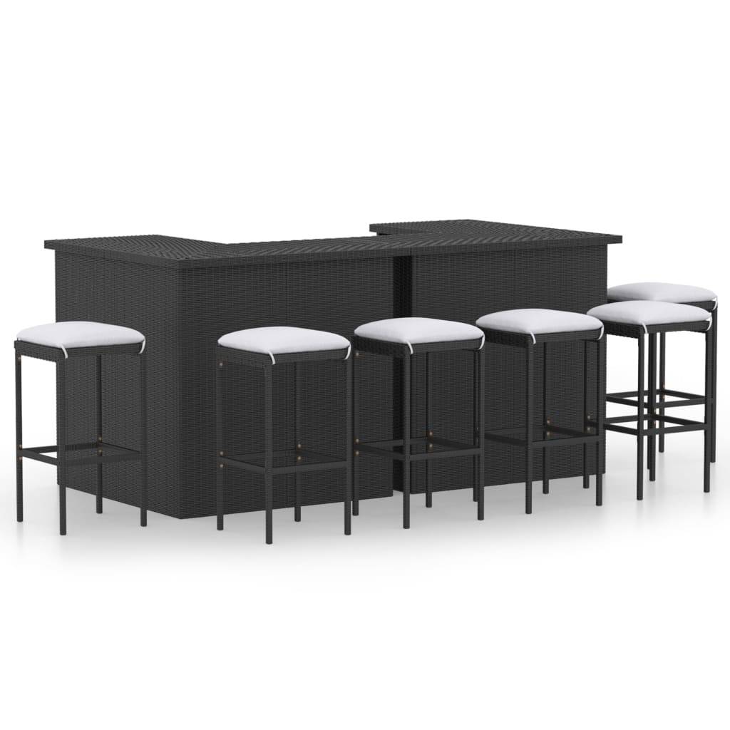 Meuble de bar de jardin 8 pièces avec coussins résine tressée noir - Image 1