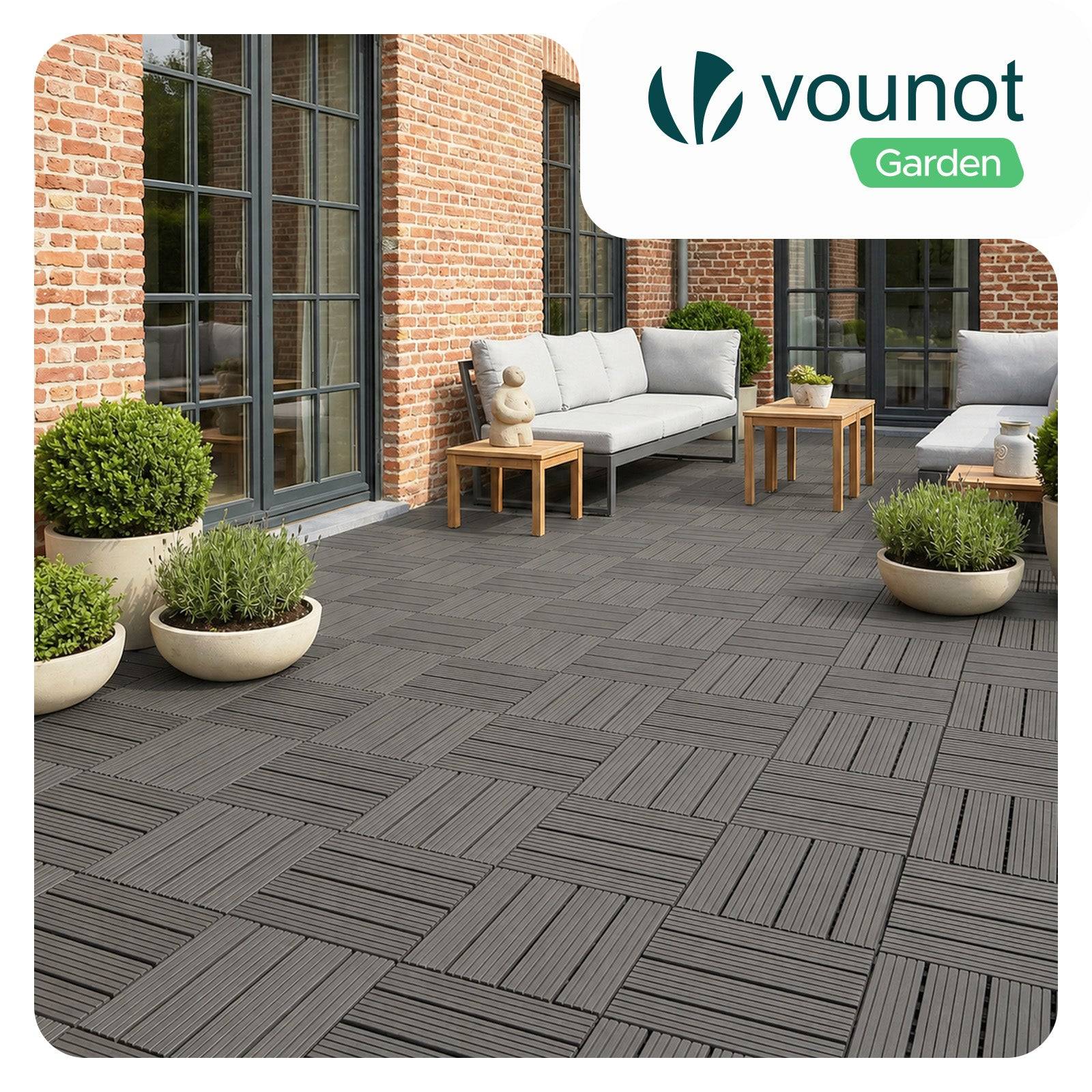 Vounot - Lot de 16 Dalles clipsables extérieur 30x30 cm - WPC - Caillebotis de terrasse antidérapant et drainant - Gris - VOUNOT® - Image 2