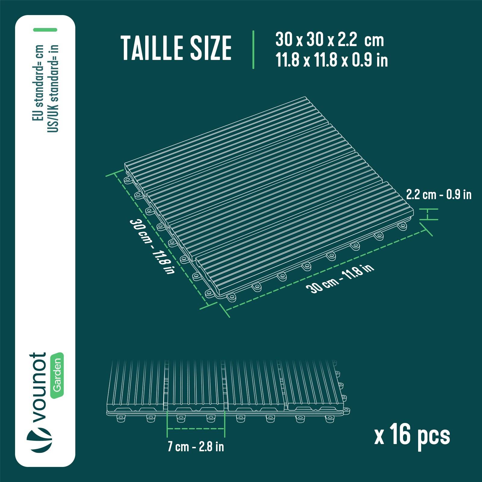 Vounot - Lot de 16 Dalles clipsables extérieur 30x30 cm - WPC - Caillebotis de terrasse antidérapant et drainant - Gris - VOUNOT® - Image 3
