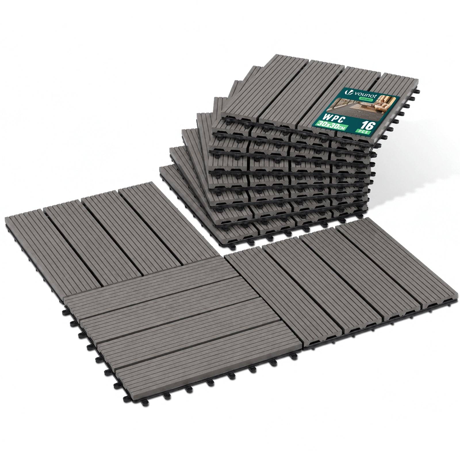 Vounot - Lot de 16 Dalles clipsables extérieur 30x30 cm - WPC - Caillebotis de terrasse antidérapant et drainant - Gris - VOUNOT® - Image 1