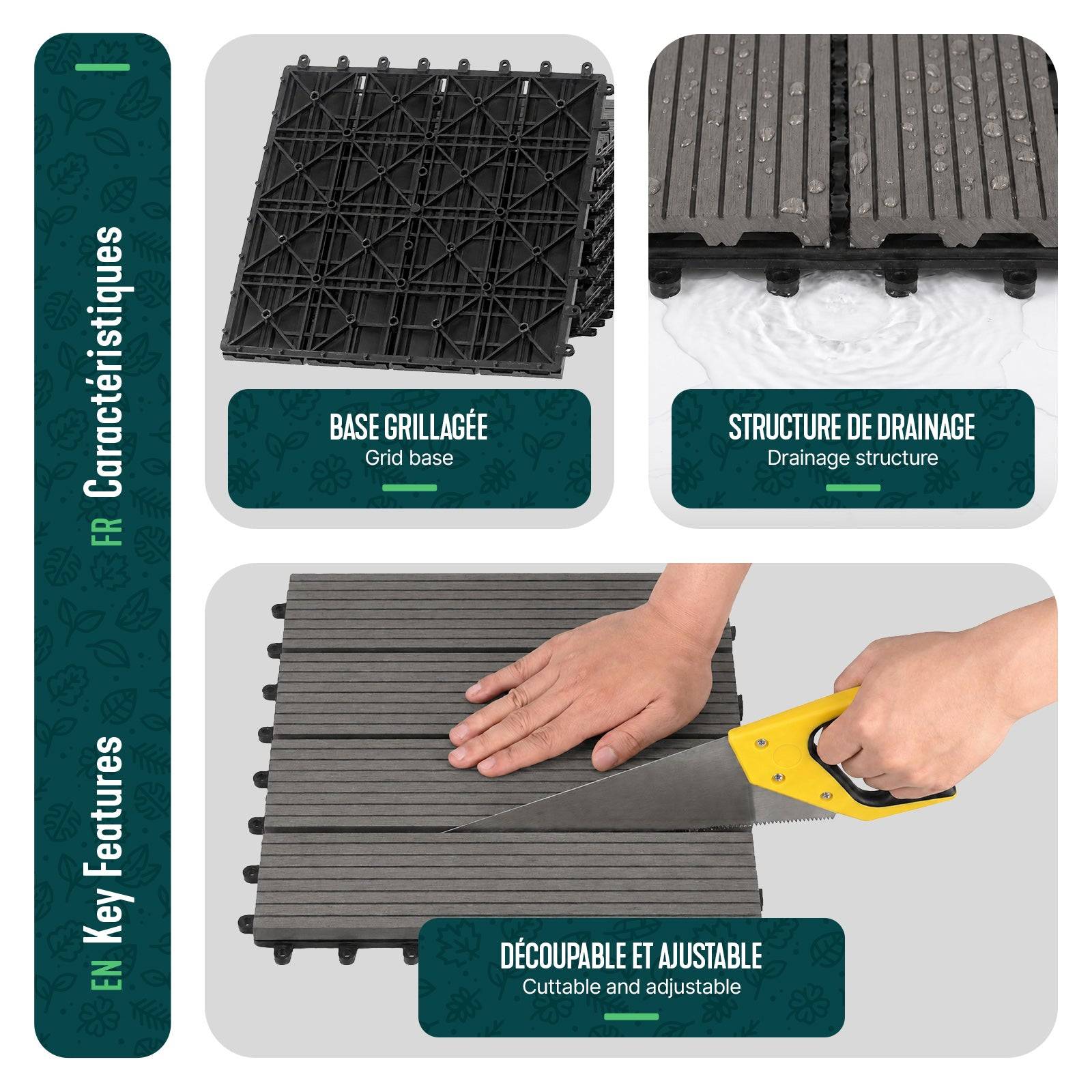 Vounot - Lot de 16 Dalles clipsables extérieur 30x30 cm - WPC - Caillebotis de terrasse antidérapant et drainant - Gris - VOUNOT® - Image 6